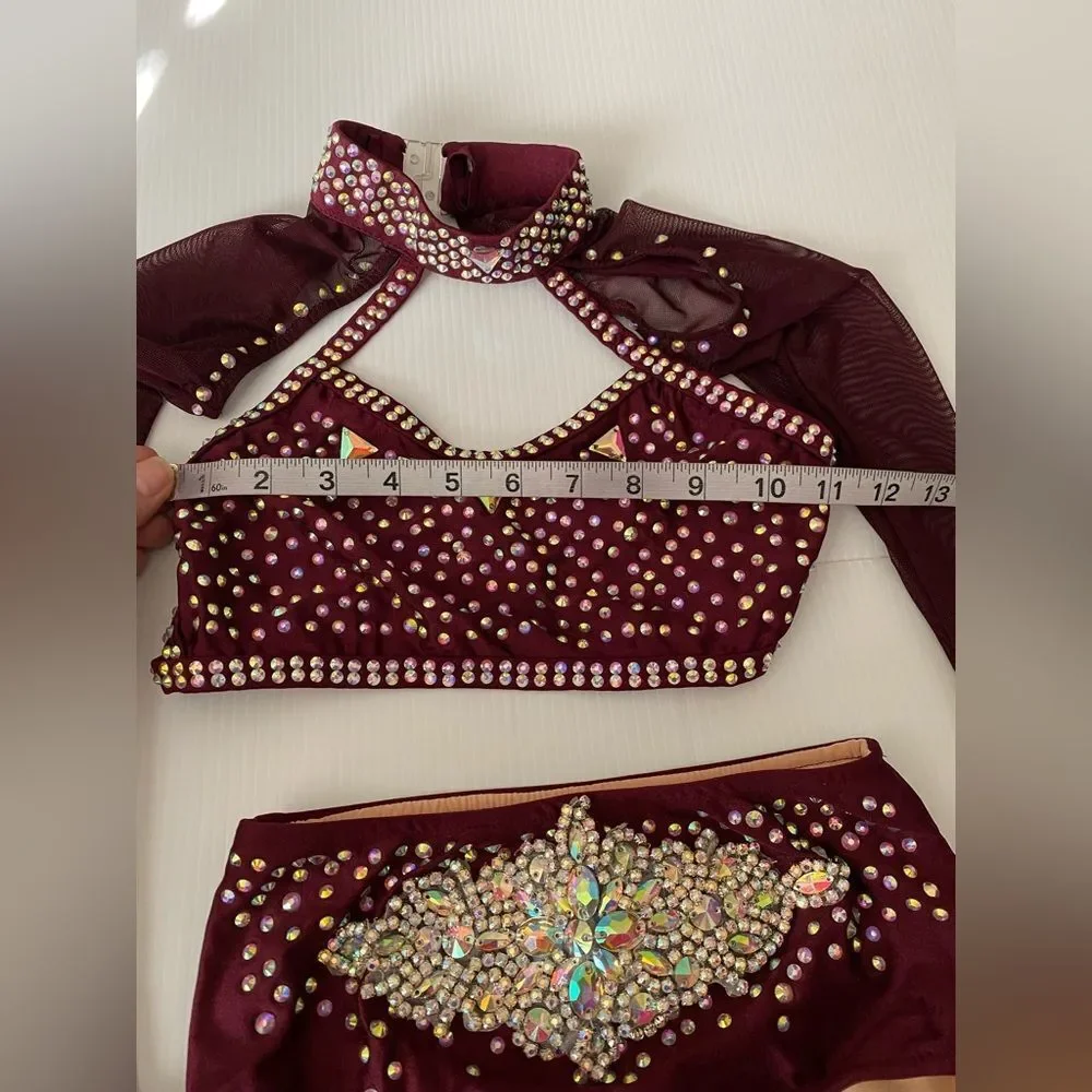 Glamour solo dance costume burgundy red 2 piece jazz contemporary MC-Med child